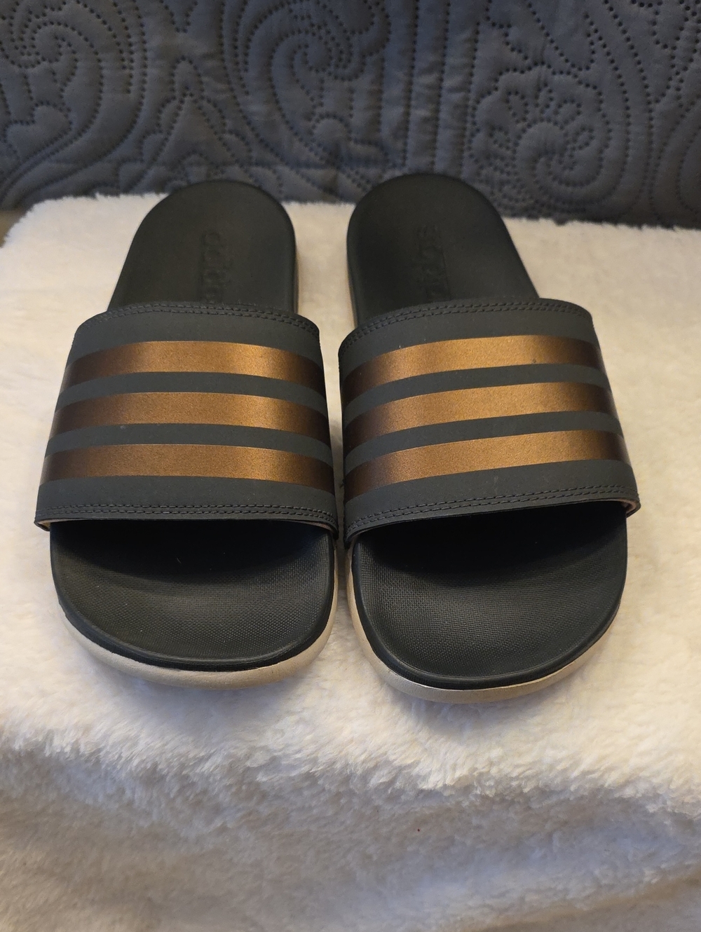 ADIDAS Black Slides with Metallic Bronze Stripes, Size 8, EXCELLENT Condition